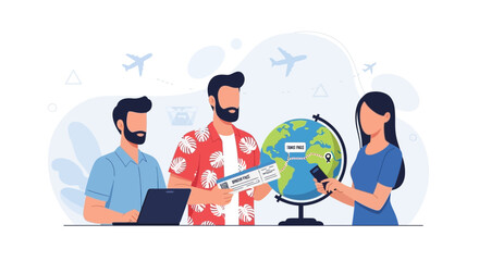 Fototapeta premium Diverse Group Planning Global Travel Adventure with Globe, Tickets, and Laptop - Vector Illustration