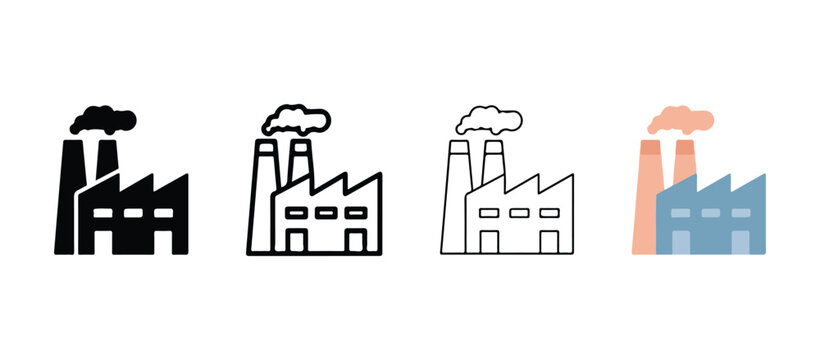 Factory icons of industrial buildings with smoke pollution smoke stacks emmision  industrialization and architecture concept