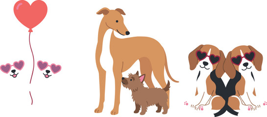 Fototapeta premium Vector cute valentine dog illustration elements set featuring puppy characters wearing heart sunglasses with red balloon decoration.