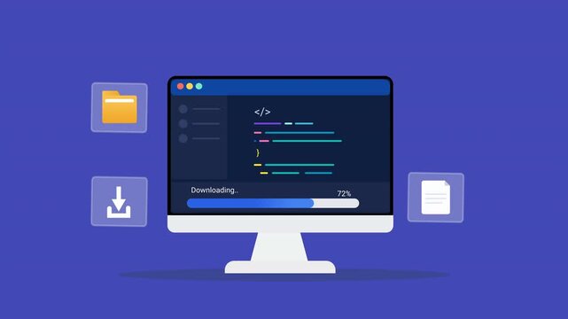 Animated flat vector illustration of a desktop monitor displaying software code with file download and folder management icons. Modern data transfer, programming, and digital workflow technology conce