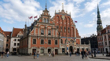 Fototapeta premium Riga Old Town Square: House of Blackheads & St. Peter's Church