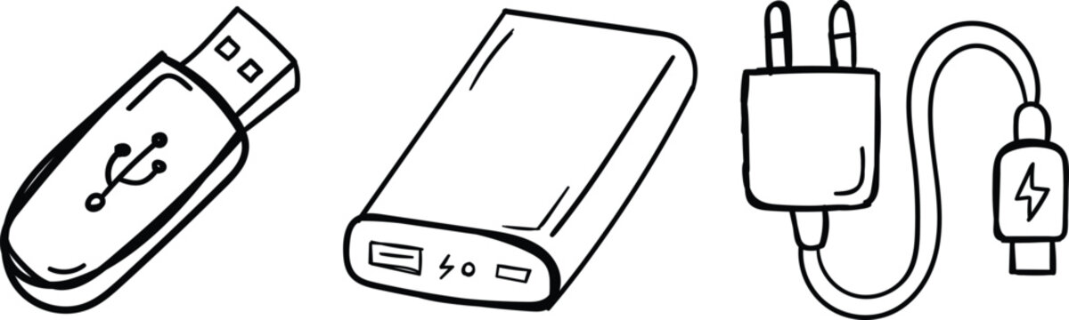 Hand Drawn Electronic Accessories Vector Set, Doodle USB Drive and Power Bank Line Art Icons