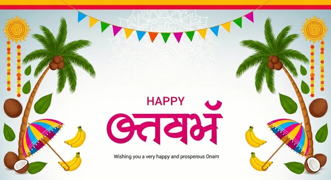 Vibrant digital illustration for happy onam festival featuring traditional malayalam calligraphy palm trees colorful umbrellas bright marigold garlands and tropical coconut fruits on white background