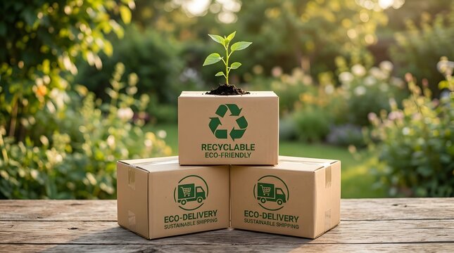 Small green plant growing in a recycled cardboard shipping box outdoors with recycling