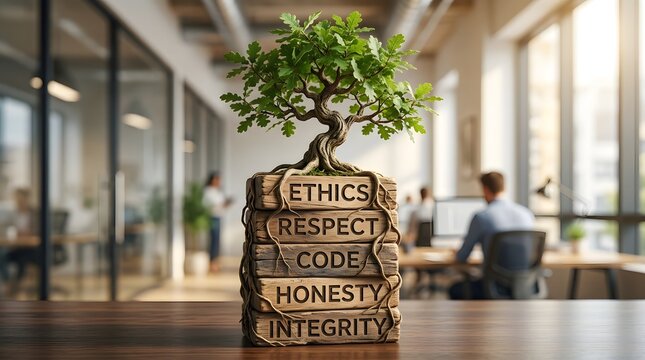Small bonsai tree growing from wooden blocks carved with ethics and values, integrity