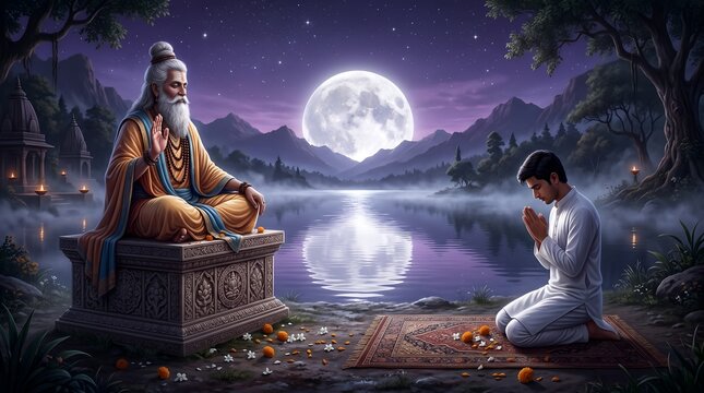 Man praying to his spiritual guide under a bright full moon by the calm water to celebrate guru purnima holiday and receive gurudev religious guidance