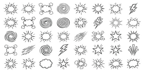 Set of hand drawn comic book style explosion bubble shapes and speed effect lines for action graphic design © GraphixEra
