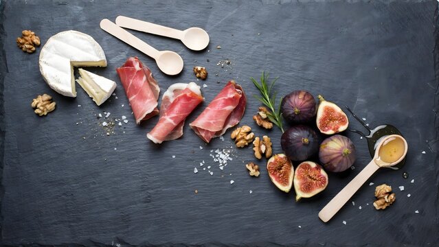 Prosciutto and brie cheese board flat lay on slate &ndash; Perfect for holiday party planning, upscale deli marketing, or food styling.
