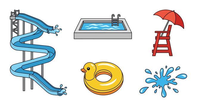 Water slide pool lifeguard chair duck float water splash on white background