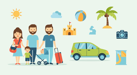 Fototapeta premium Family preparing for a beach vacation with travel and coastal icons