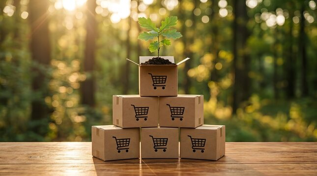 Small plant growing on top of cardboard boxes with shopping cart symbols, ecommerce