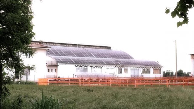 View of a commercial warehouse and facility structure situated next to a grassy field