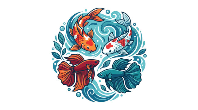 Four Colorful Fish Swimming in Circle Design, Koi and Betta Splendens