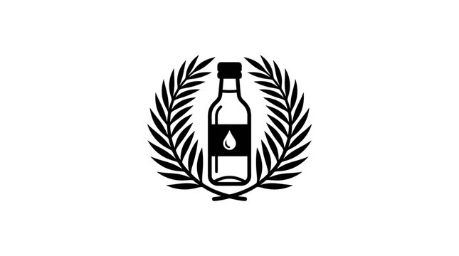 Minimalist black and white icon featuring a bottle surrounded by a laurel wreath.