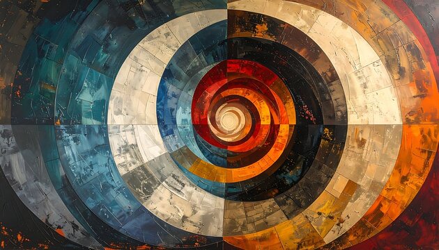 A vibrant abstract artwork featuring concentric circles in warm and cool tones