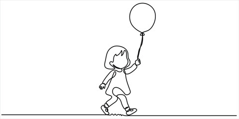 Little girl holding balloon continuous line art vector illustration minimalist childhood joy and innocence concept © Dosoroth Chandra