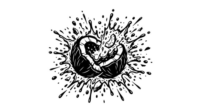 Black and white ink illustration of a cracked coconut splashing with liquid.