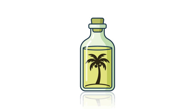 A glass bottle containing a tropical palm tree illustration.