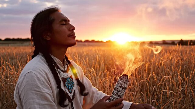 Native man performing smoke ceremony at sunset.