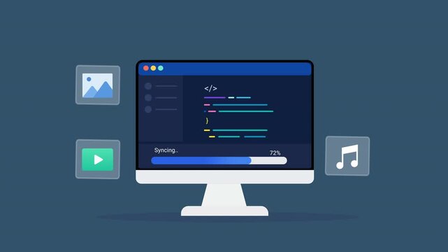 Animated flat vector illustration of a desktop monitor displaying software code with image, video, and audio media icons. Modern digital content management and multimedia workflow technology concept.
