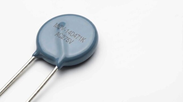 Blue metal oxide varistor electronic component with two silver metal leads on a white background