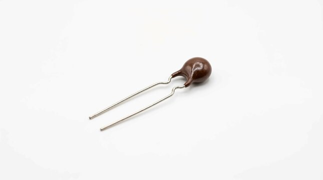Small brown ceramic disc capacitor with metal leads isolated against a clean white studio background