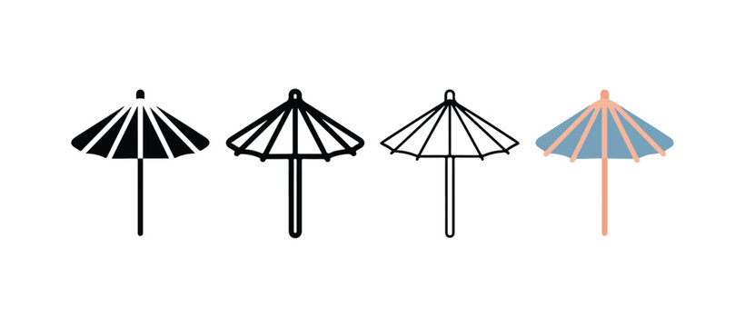 beach umbrellas with various designs and colors including black white and blue with orange stripes  simple illustrations of outdoor shading devices