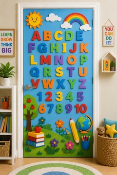 Cheerful educational classroom door decor