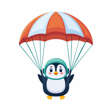 Cute Penguin Parachuting with Helmet and Parachute