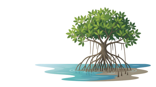 Mangrove Tree Illustration Featuring Exposed Prop Roots Growing in Tropical Coastal Water Ecosystem