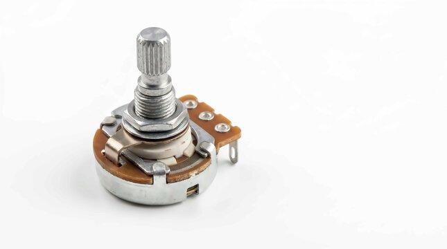 Silver rotary potentiometer electronic component featuring a metallic shaft and brown circuit board base isolated white