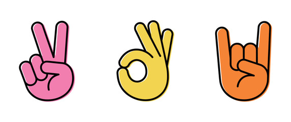 Fototapeta premium Pink peace sign, yellow ok sign, and orange rock and roll hand gesture