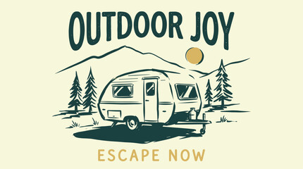 Obraz premium Mountain outdoor adventure. Camping caravan illustration. Vintage nature design.