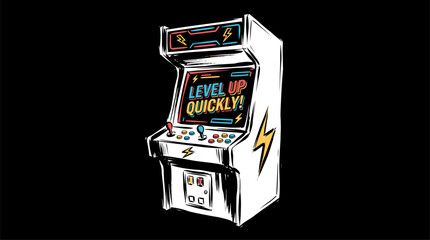 Arcade machine design. Retro gaming level up. Vintage gamer t shirt artwork. © panji