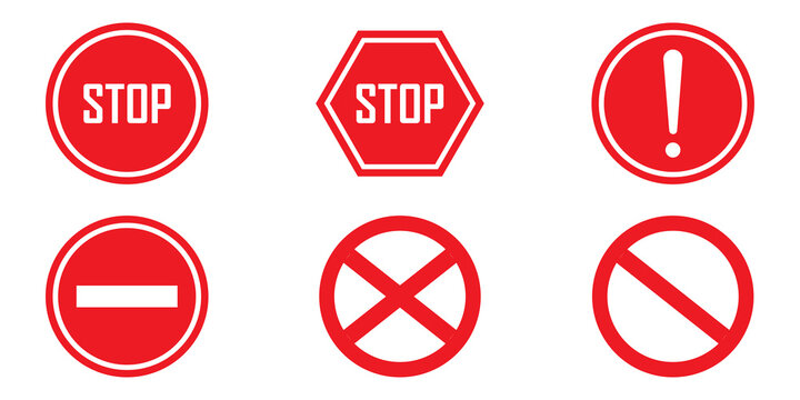 Various red road signs and traffic prohibition icons featuring circular and hexagonal shapes displayed as vector graphics on transparent background