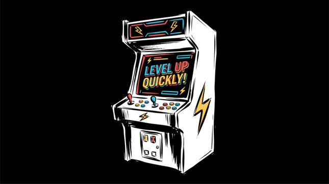 Arcade machine design. Retro gaming level up. Vintage gamer t shirt artwork.