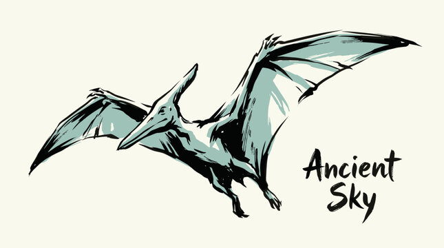 Ancient sky pterodactyl illustration. Flying dinosaur vintage artwork. T shirt vector design.