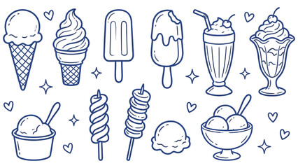 Ice cream desserts doodle line art vector illustration  © Md