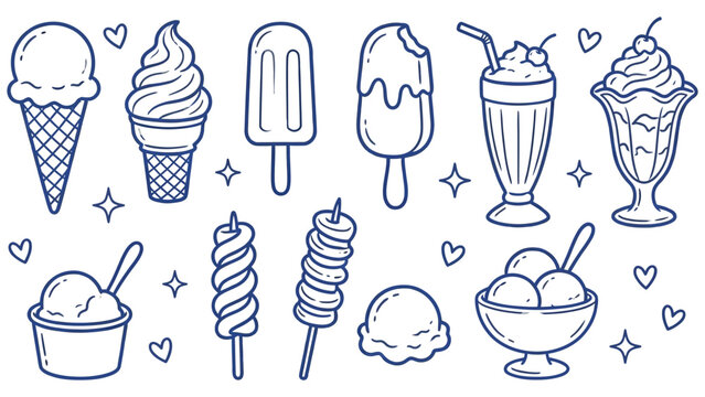 Ice cream desserts doodle line art vector illustration
