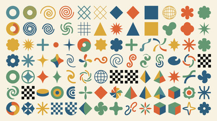Obraz premium Retro geometric shapes set with colorful abstract symbols and vintage minimal design elements on light background