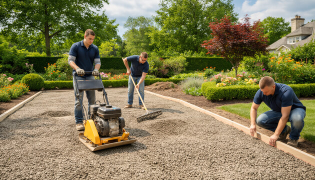 Professional landscapers working on a backyard renovation project using a heavy yellow plate compactor to level and compact grey gravel path on a bright sunny day