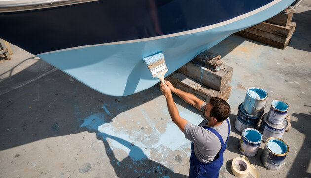 High angle view of a professional male marine mechanic in overalls painting the lower hull of a large fiberglass boat light blue using a bristle brush inside a dry dock maintenance workshop