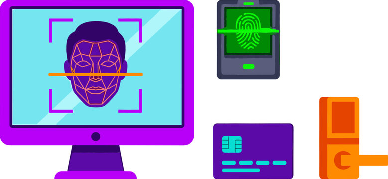 Biometric Security and Smart Access Control Vector Set Featuring Facial Recognition Monitor Scanner, Fingerprint Scanner Device, EMV Chip Credit Card, and Electronic Door Handle Lock