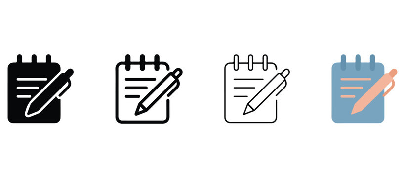 notepad and pen icons for writing and drawing on paper  isolated on white background