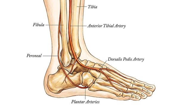 Anatomical diagram of human foot arteries and bones with detailed labels
