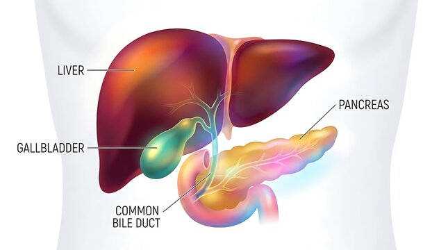 Anatomical diagram of the human liver, gallbladder, and pancreas connection