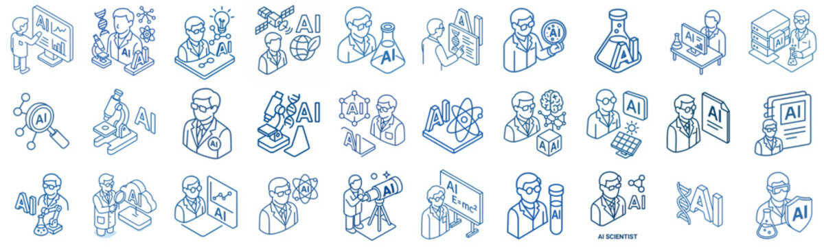 isometric line art minimalist vector icon AI Scientist in blue