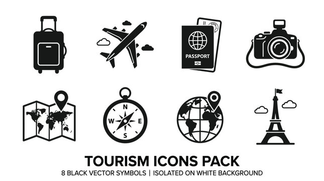 Collection of travel and tourism icons on white background