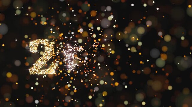 Year 2026 dissolves into glowing golden particles and morphs into a sparkling 2027. Concept for Happy New Year holidays festive celebration and passing of time.
