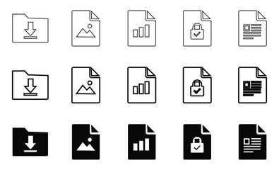 Fototapeta premium Document Management and Digital File Types Vector Icon Set: Download Folder, Chart, and Secure Padlock Symbols in Outline and Solid Styles